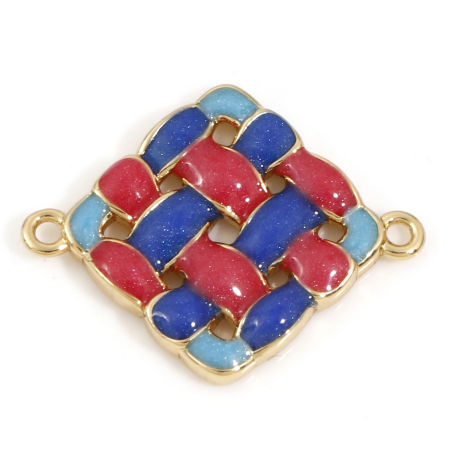 Picture of Brass Connectors Charms Pendants Weave Textured 18K Real Gold Plated Red & Blue Enamel 20mm x 16mm, 1 Piece