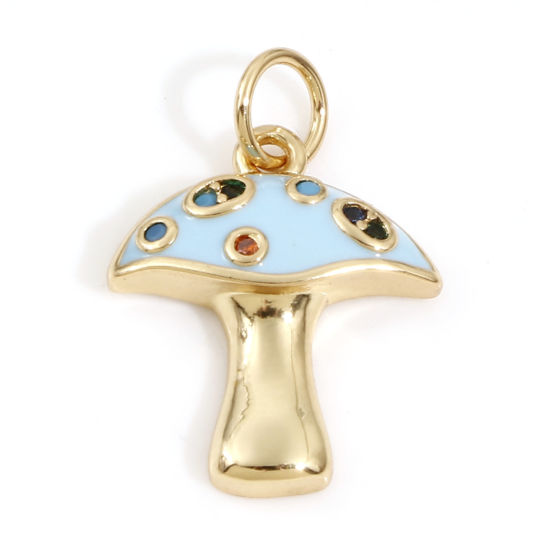 Изображение Латунь Подвески Гриб 18K настоящее золото с покрытием Синий С Эмалью Разноцветный Искусственный Циркон 20мм x 14мм, 1 ШТ