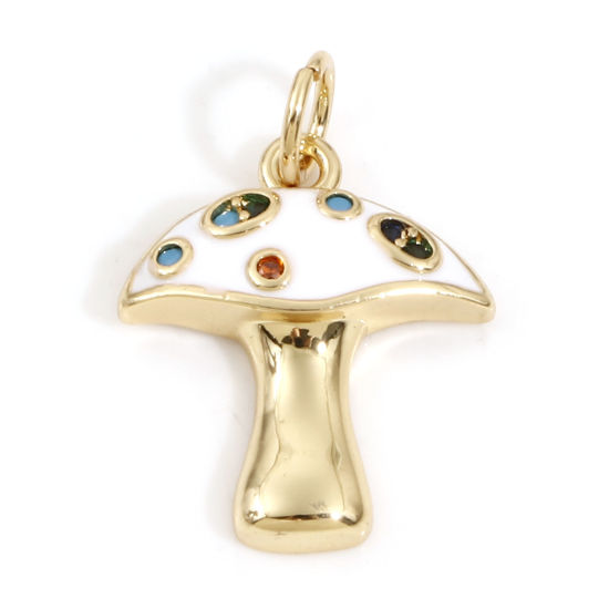 Изображение Латунь Подвески Гриб 18K настоящее золото с покрытием Белый С Эмалью Разноцветный Искусственный Циркон 20мм x 14мм, 1 ШТ