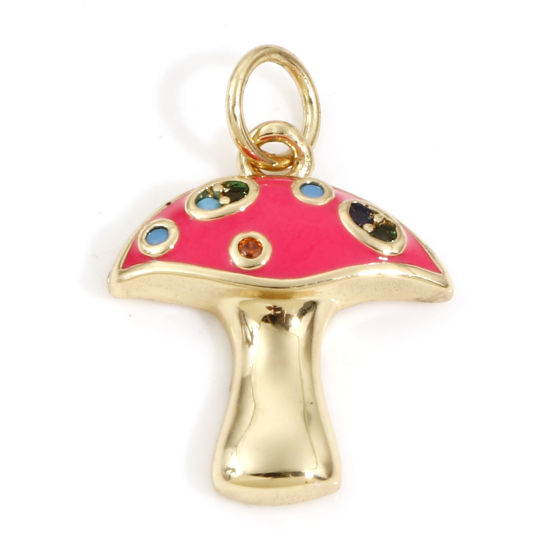 Изображение Латунь Подвески Гриб 18K настоящее золото с покрытием Ярко-розовый С Эмалью Разноцветный Искусственный Циркон 20мм x 14мм, 1 ШТ