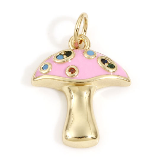 Изображение Латунь Подвески Гриб 18K настоящее золото с покрытием Розовый С Эмалью Разноцветный Искусственный Циркон 20мм x 14мм, 1 ШТ