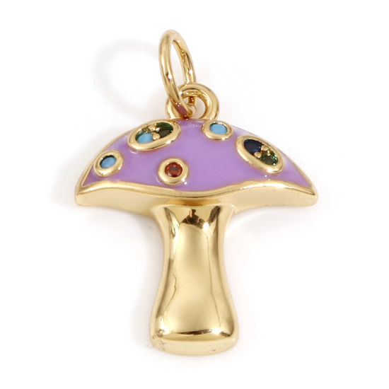 Изображение Латунь Подвески Гриб 18K настоящее золото с покрытием Фиолетовый С Эмалью Разноцветный Искусственный Циркон 20мм x 14мм, 1 ШТ