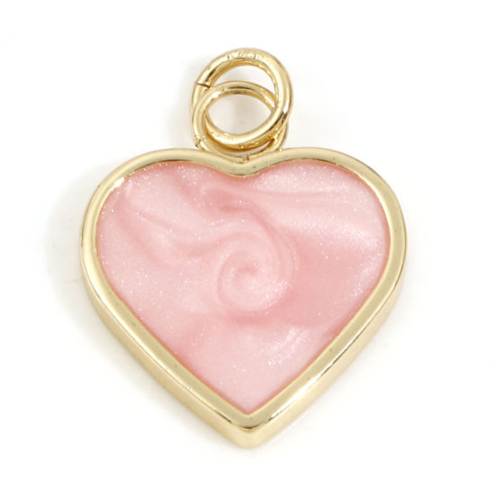 Picture of Brass Valentine's Day Charms 18K Real Gold Plated Light Pink Pearlized Heart Enamel 22mm x 5mm, 2 PCs