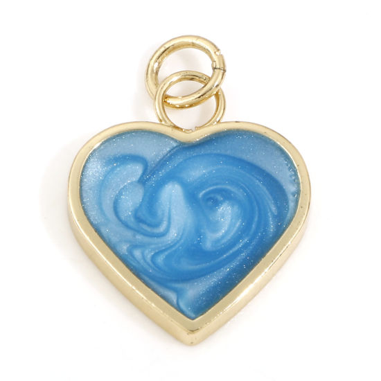 Picture of Brass Valentine's Day Charms 18K Real Gold Plated Blue Pearlized Heart Enamel 22mm x 5mm, 2 PCs