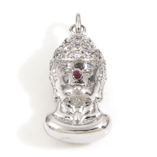 Immagine di Ottone Religione Charms Budda Vero Platino Placcato Micro Spianare Trasparente & Rosso Cubic Zirconiae 18mm x 8mm, 1 Pz