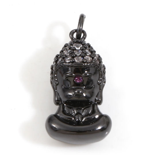 Immagine di Ottone Religione Charms Budda Nero Micro Spianare Trasparente & Rosso Cubic Zirconiae 18mm x 8mm, 1 Pz