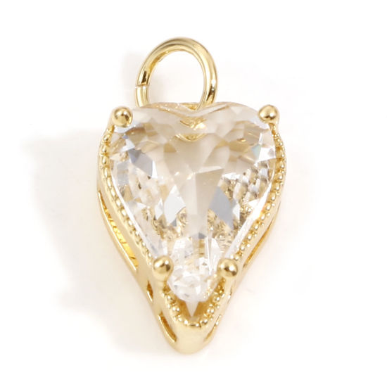 Image de Breloques La Saint Valentin en Laiton Cœur Plaqué Or Véritable 18K à Zircone Cubique Clair 17mm x 9mm, 1 Pièce