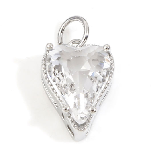 Image de Breloques La Saint Valentin en Laiton Cœur Plaqué Platine Véritable à Zircone Cubique Clair 17mm x 9mm, 1 Pièce