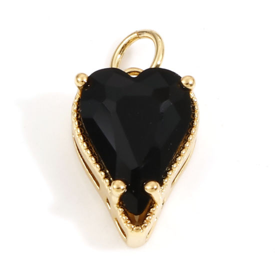 Image de Breloques La Saint Valentin en Laiton Cœur Plaqué Or Véritable 18K à Zircone Cubique Noir 17mm x 9mm, 1 Pièce