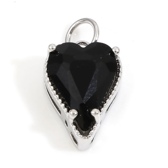 Image de Breloques La Saint Valentin en Laiton Cœur Plaqué Platine Véritable à Zircone Cubique Noir 17mm x 9mm, 1 Pièce