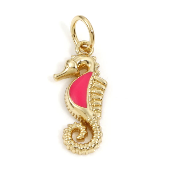 Bild von Messing Ozean Schmuck Charms 18K Echtgold plattiert Fuchsie Seepferdchen Emaille 20mm x 7mm, 2 Stück