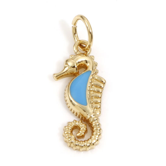 Bild von Messing Ozean Schmuck Charms 18K Echtgold plattiert Blau Seepferdchen Emaille 20mm x 7mm, 2 Stück