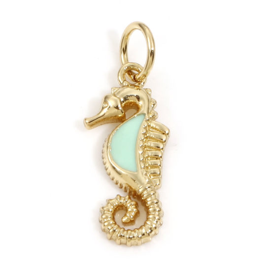 Bild von Messing Ozean Schmuck Charms 18K Echtgold plattiert Mintgrün Seepferdchen Emaille 20mm x 7mm, 2 Stück