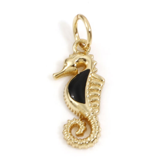 Bild von Messing Ozean Schmuck Charms 18K Echtgold plattiert Schwarz Seepferdchen Emaille 20mm x 7mm, 2 Stück