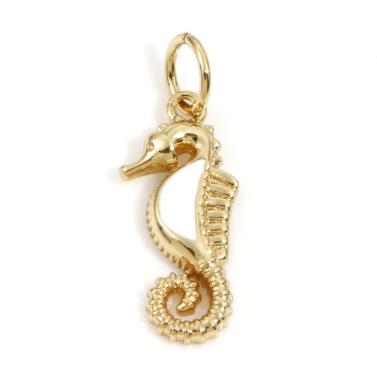 Bild von Messing Ozean Schmuck Charms 18K Echtgold plattiert Weiß Seepferdchen Emaille 20mm x 7mm, 2 Stück