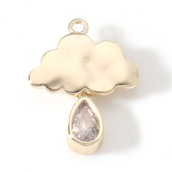 Picture of Brass Weather Collection Charms 18K Real Gold Plated Cloud Drop Clear Cubic Zirconia 15mm x 12mm, 2 PCs                                                                                                                                                       