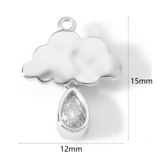 Immagine di Ottone Tempo Collezione Charms Nuvole Vero Platino Placcato Goccia Trasparente Cubic Zirconiae 15mm x 12mm, 2 Pz