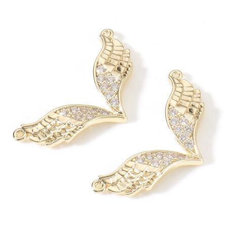 Brass Pendants 18K Real Gold Plated Wing Micro Pave Clear Cubic Zirconia 3cm x 1.4cm, 1 Piece