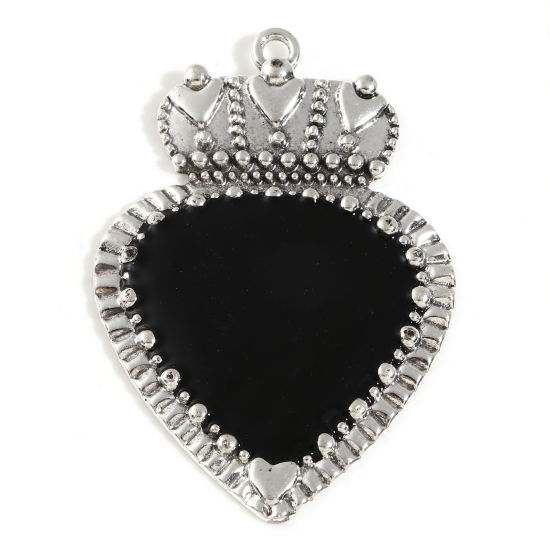 Picture of Zinc Based Alloy Religious Pendants Antique Silver Color Black Ex Voto Heart Enamel 6.3cm x 4.2cm, 2 PCs