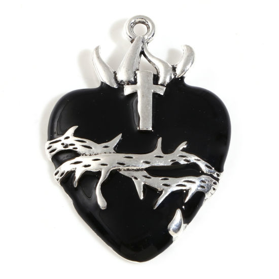 Picture of Zinc Based Alloy Religious Pendants Antique Silver Color Black Ex Voto Heart Enamel 4.2cm x 2.9cm, 5 PCs