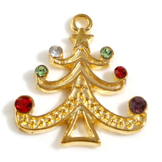 Picture of Zinc Based Alloy Christmas Charms Gold Plated Christmas Tree Multicolor Rhinestone 21mm x 19mm, 10 PCs