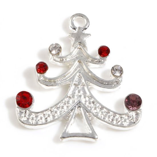 Picture of Zinc Based Alloy Christmas Charms Silver Plated Christmas Tree Multicolor Rhinestone 21mm x 19mm, 10 PCs