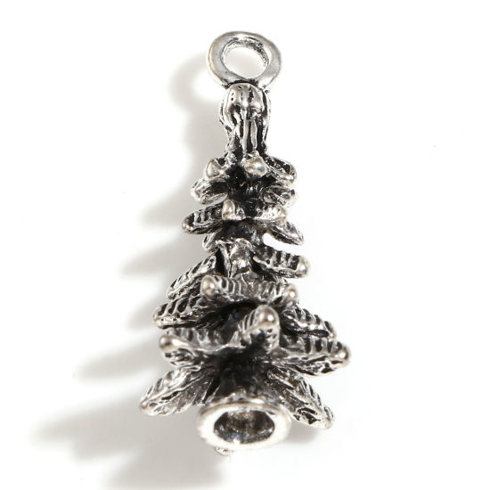 Bild von Zinklegierung Weihnachten Charms Antiksilber Weihnachten Weihnachtsbaum 3D 25mm x 10mm, 2 Stück