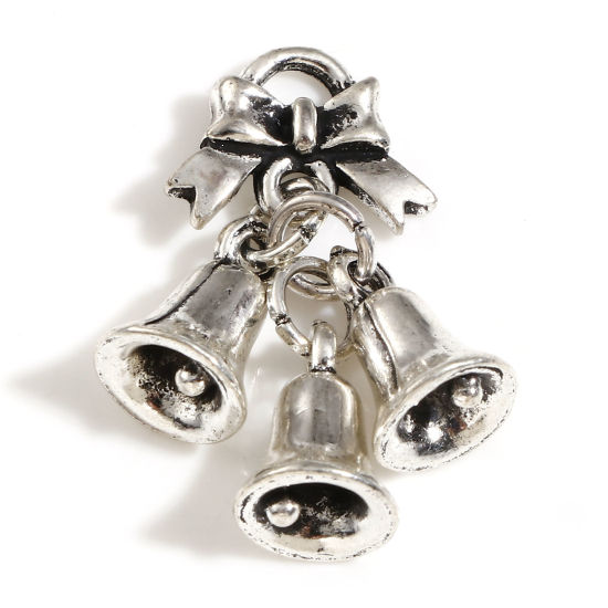 Picture of Zinc Based Alloy Christmas Charms Antique Silver Color Bell Bowknot 3D 28mm x 12mm, 2 PCs