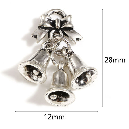 Picture of Zinc Based Alloy Christmas Charms Antique Silver Color Bell Bowknot 3D 28mm x 12mm, 2 PCs