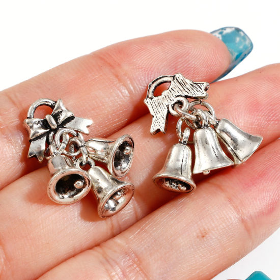 Picture of Zinc Based Alloy Christmas Charms Antique Silver Color Bell Bowknot 3D 28mm x 12mm, 2 PCs