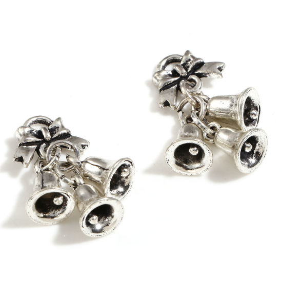 Picture of Zinc Based Alloy Christmas Charms Antique Silver Color Bell Bowknot 3D 28mm x 12mm, 2 PCs