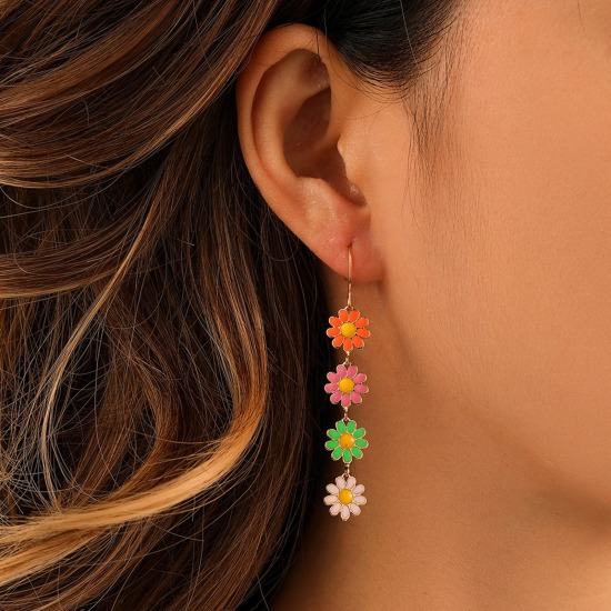 Picture of Brass Pastoral Style Tassel Earrings Gold Plated Multicolor Daisy Flower Enamel 6cm x 1cm, 1 Pair                                                                                                                                                             
