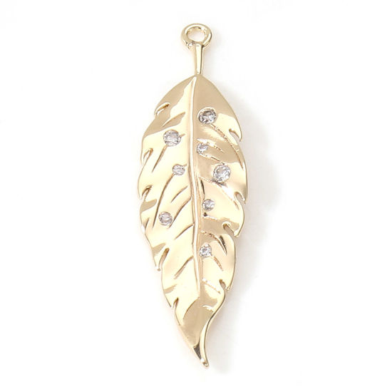 Picture of Brass Pendants 18K Real Gold Plated Leaf 3D Clear Cubic Zirconia 3.6cm x 1cm, 2 PCs