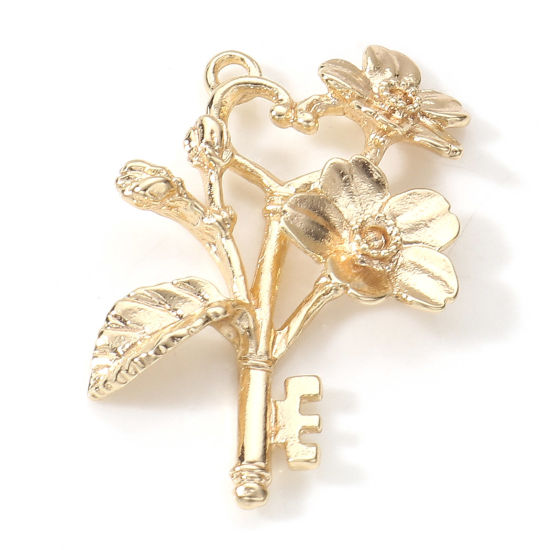 Picture of Brass Pendants 18K Real Gold Plated Flower 3D 3cm x 2cm, 2 PCs