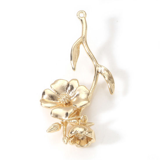 Picture of Brass Pendants 18K Real Gold Plated Flower 3D 3.6cm x 1.6cm, 2 PCs