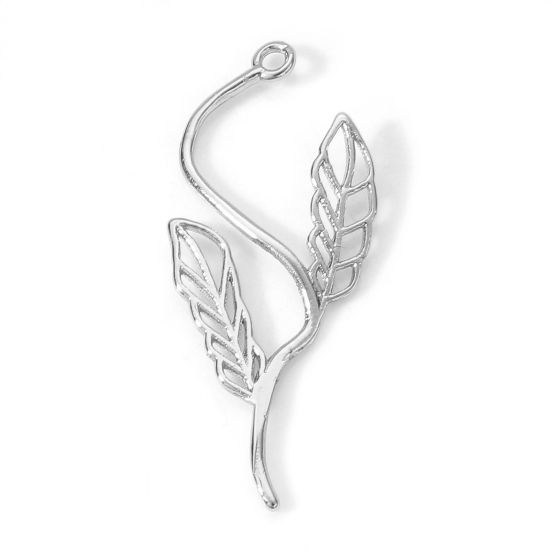 Immagine di Ottone Charms Foglia Vero Platino Placcato Filigrana 26mm x 12mm, 2 Pz