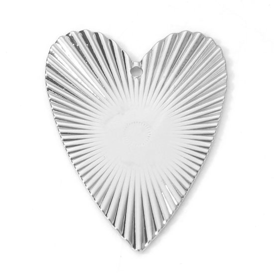 Image de Pendentifs La Saint Valentin en Laiton Cœur Plaqué Platine Véritable Rayées 3cm x 2.3cm, 5 Pcs