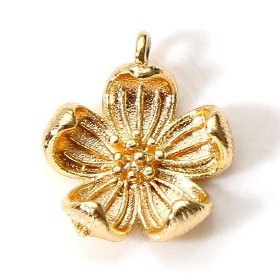 Image de Breloques en Laiton Fleur Plaqué Or Véritable 18K Fleur de Pêche 3D 13mm x 11mm, 5 Pcs