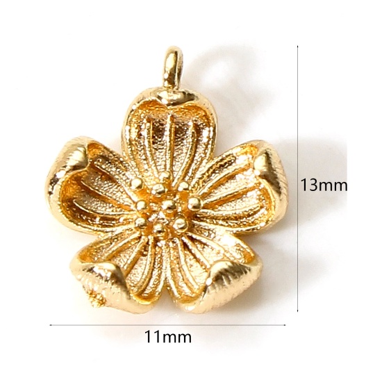 Image de Breloques en Laiton Fleur Plaqué Or Véritable 18K Fleur de Pêche 3D 13mm x 11mm, 5 Pcs