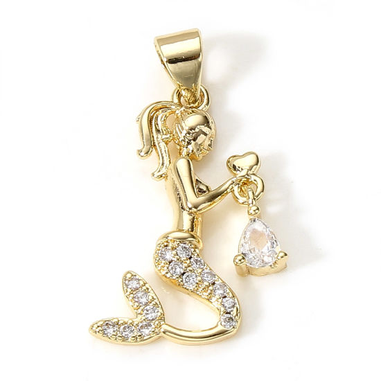 Picture of 1 Piece Brass Fairy Tale Collection Charm Pendant 18K Real Gold Plated Mermaid Micro Pave Clear Cubic Zirconia 26mm x 14mm
