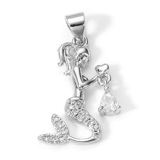 Picture of 1 Piece Brass Fairy Tale Collection Charm Pendant Real Platinum Plated Mermaid Micro Pave Clear Cubic Zirconia 26mm x 14mm