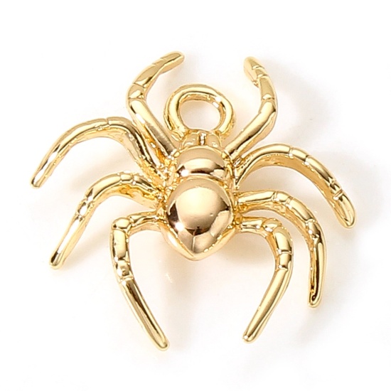 Picture of Brass Halloween Charms 18K Real Gold Plated Halloween Spider Animal 3D 17mm x 16mm, 2 PCs