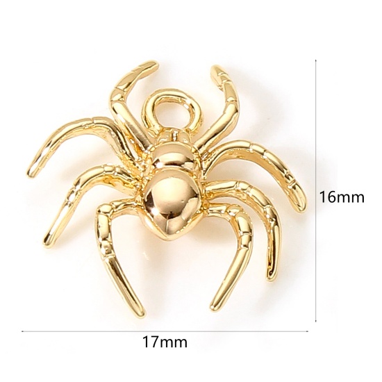 Picture of Brass Halloween Charms 18K Real Gold Plated Halloween Spider Animal 3D 17mm x 16mm, 2 PCs