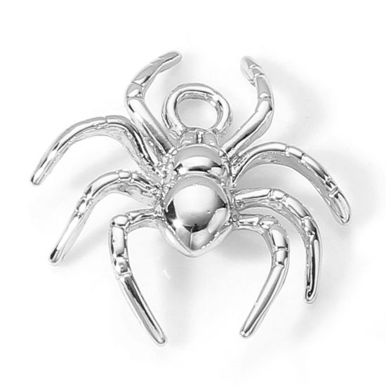 Picture of Brass Halloween Charms Real Platinum Plated Halloween Spider Animal 3D 17mm x 16mm, 2 PCs