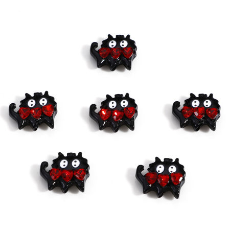 Bild von Zinklegierung Zwischenperlen Spacer Perlen für die DIY-Schmuckherstellung Schwarz Katze Herz Rot Strass Emaille ca. 17mm x 16mm, Loch:ca. 1.5mm, 2 Stück