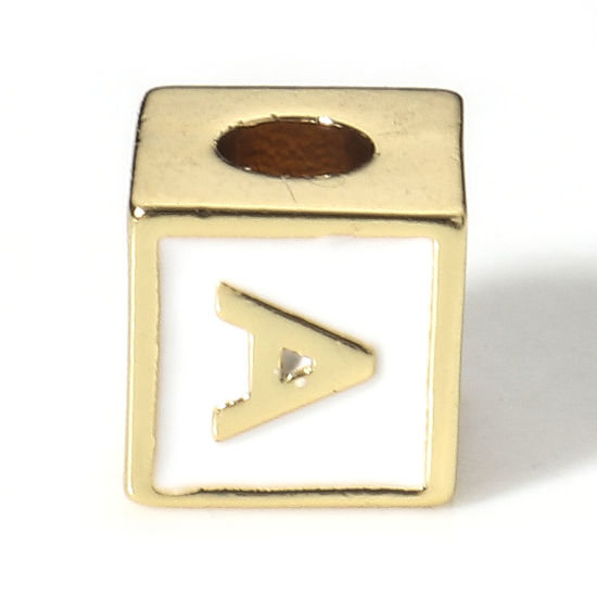 Picture of Brass Simple Beads For DIY Jewelry Making 18K Real Gold Plated White Cube Initial Alphabet/ Capital Letter Enamel Message " A " About 6mm x 6mm, Hole: Approx 2.5mm, 1 Piece