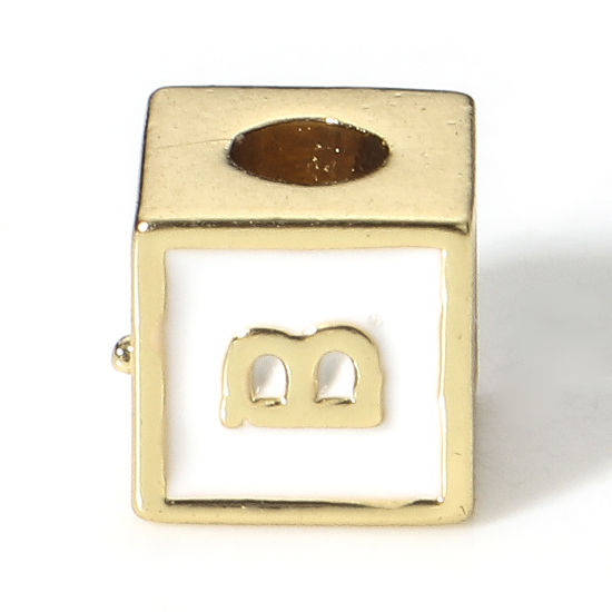 Picture of Brass Simple Beads For DIY Jewelry Making 18K Real Gold Plated White Cube Initial Alphabet/ Capital Letter Enamel Message " B " About 6mm x 6mm, Hole: Approx 2.5mm, 1 Piece