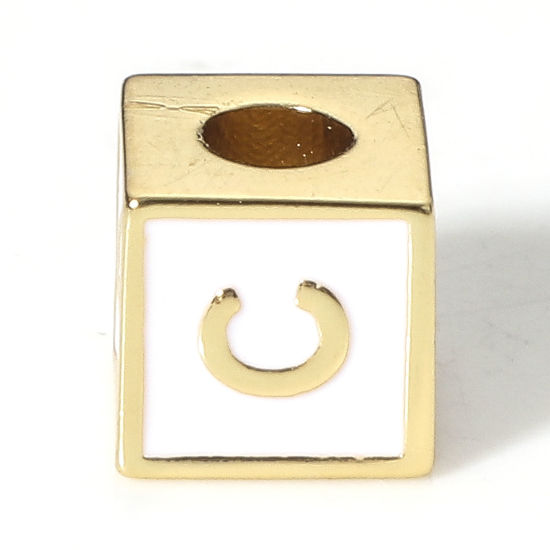 Picture of Brass Simple Beads For DIY Jewelry Making 18K Real Gold Plated White Cube Initial Alphabet/ Capital Letter Enamel Message " C " About 6mm x 6mm, Hole: Approx 2.5mm, 1 Piece