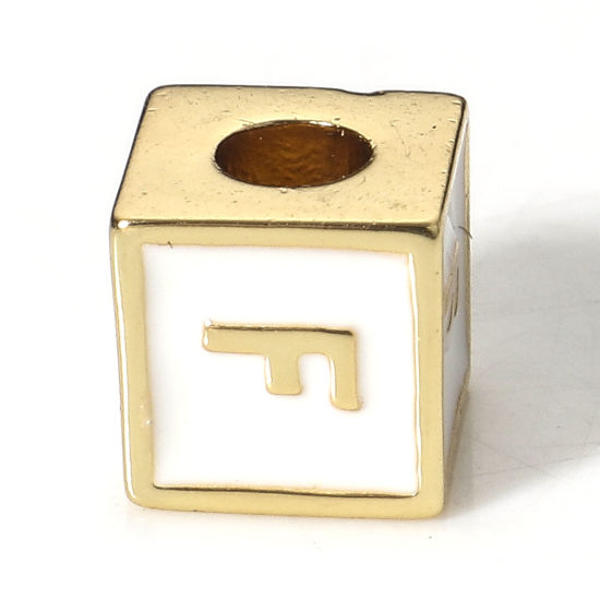 Picture of Brass Simple Beads For DIY Jewelry Making 18K Real Gold Plated White Cube Initial Alphabet/ Capital Letter Enamel Message " F " About 6mm x 6mm, Hole: Approx 2.5mm, 1 Piece