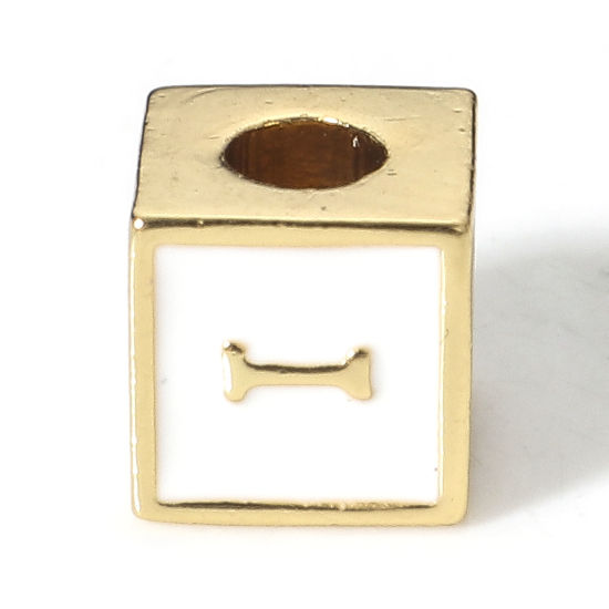 Picture of Brass Simple Beads For DIY Jewelry Making 18K Real Gold Plated White Cube Initial Alphabet/ Capital Letter Enamel Message " I " About 6mm x 6mm, Hole: Approx 2.5mm, 1 Piece